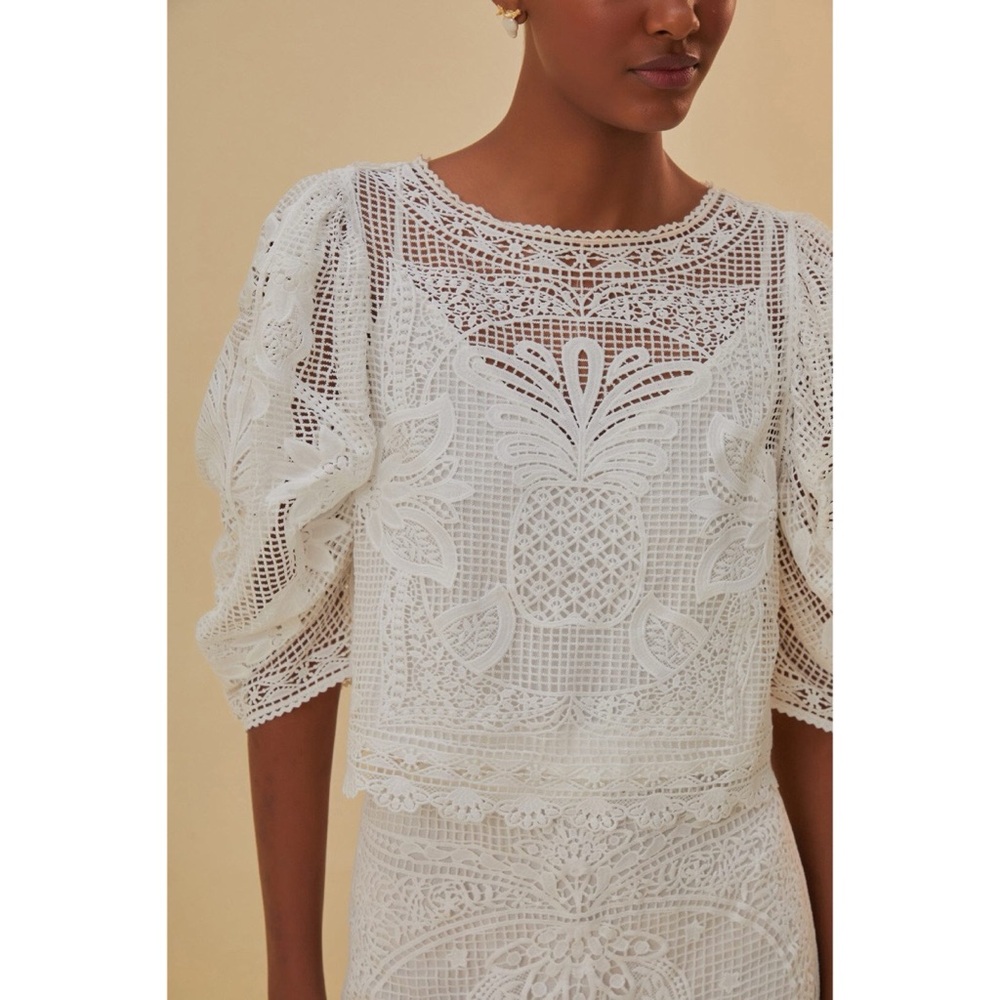NWT FARM RIO Guipire White Crochet Lace Puff-Sleeve Top